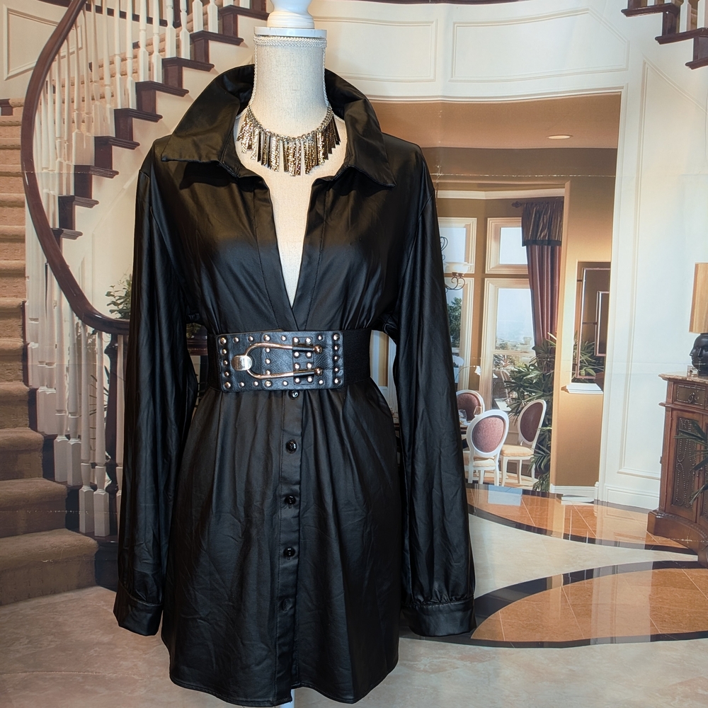 Black Faux Leather Sleek Long Sleeve Low-Cut Mini Shirt Dress